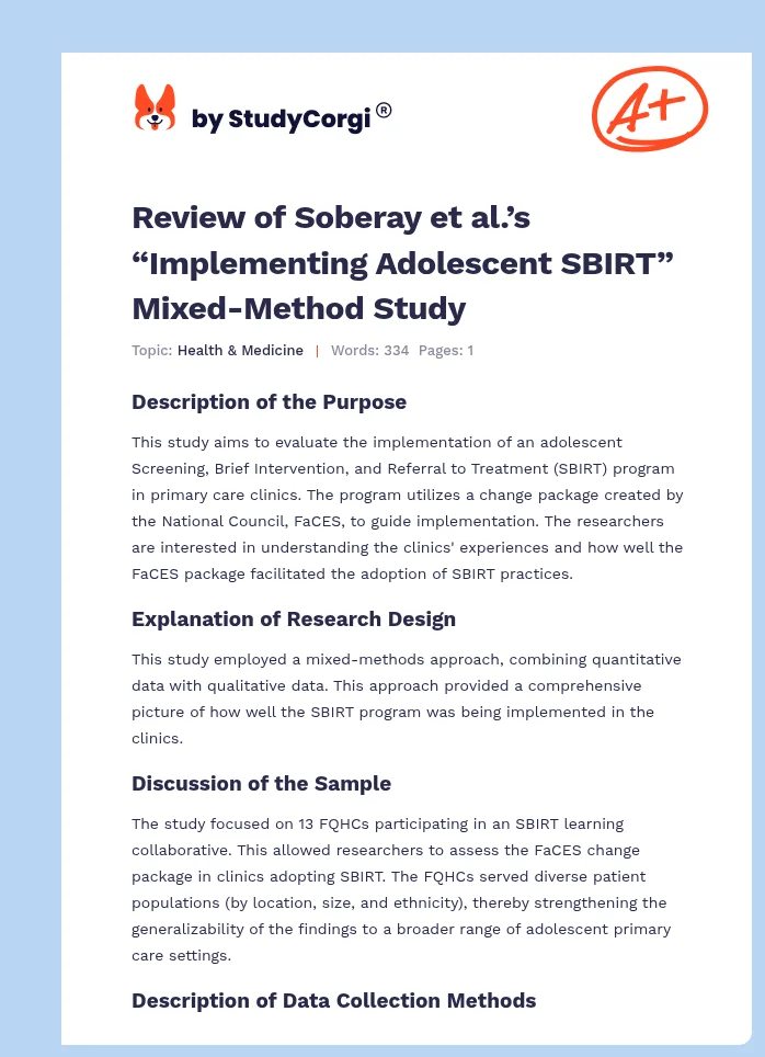 Review of Soberay et al.’s “Implementing Adolescent SBIRT” Mixed-Method Study. Page 1