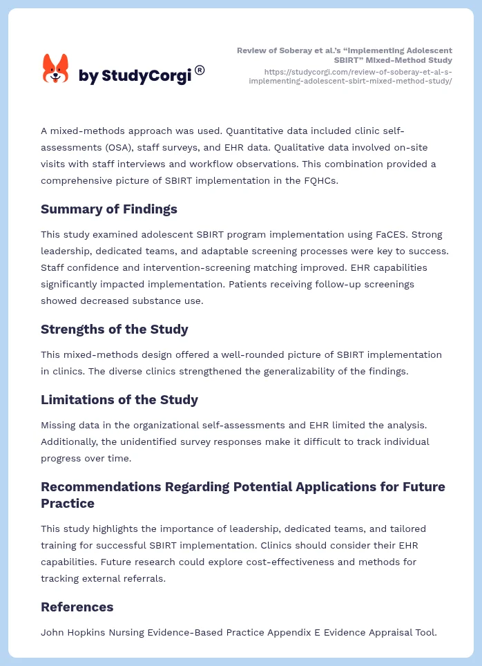 Review of Soberay et al.’s “Implementing Adolescent SBIRT” Mixed-Method Study. Page 2