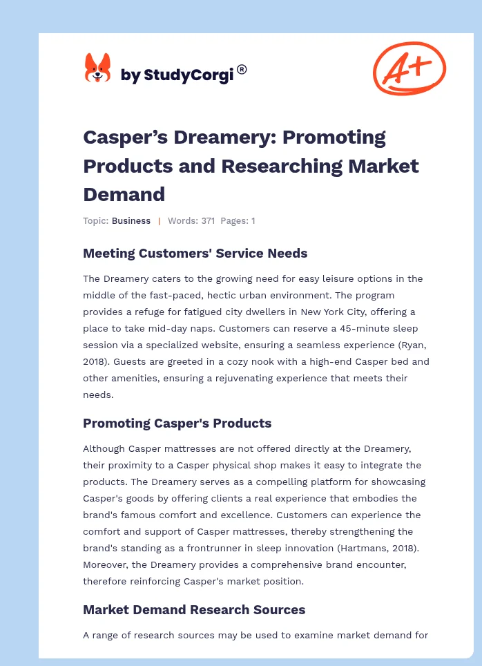 Casper’s Dreamery: Promoting Products and Researching Market Demand. Page 1