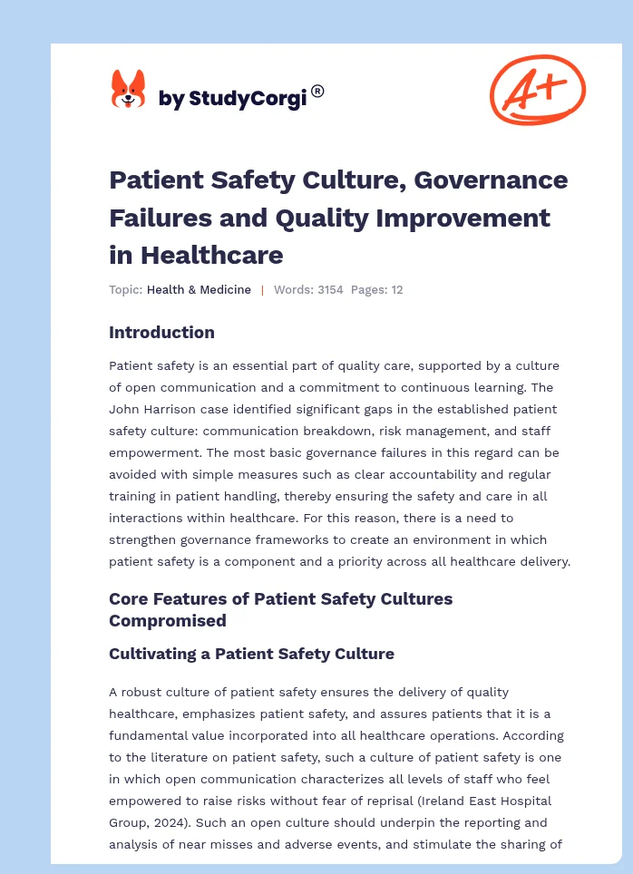 Patient Safety Culture, Governance Failures and Quality Improvement in Healthcare. Page 1