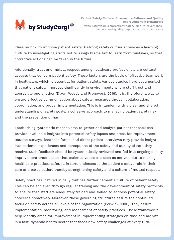 Patient Safety Culture, Governance Failures and Quality Improvement in Healthcare. Page 2