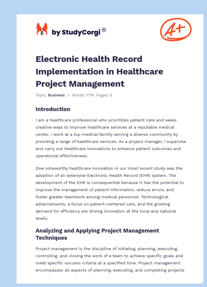 Electronic Health Record Implementation in Healthcare Project Management. Page 1