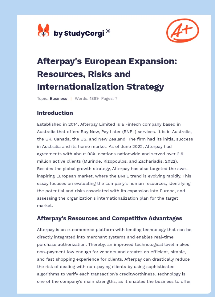 Afterpay's European Expansion: Resources, Risks and Internationalization Strategy. Page 1