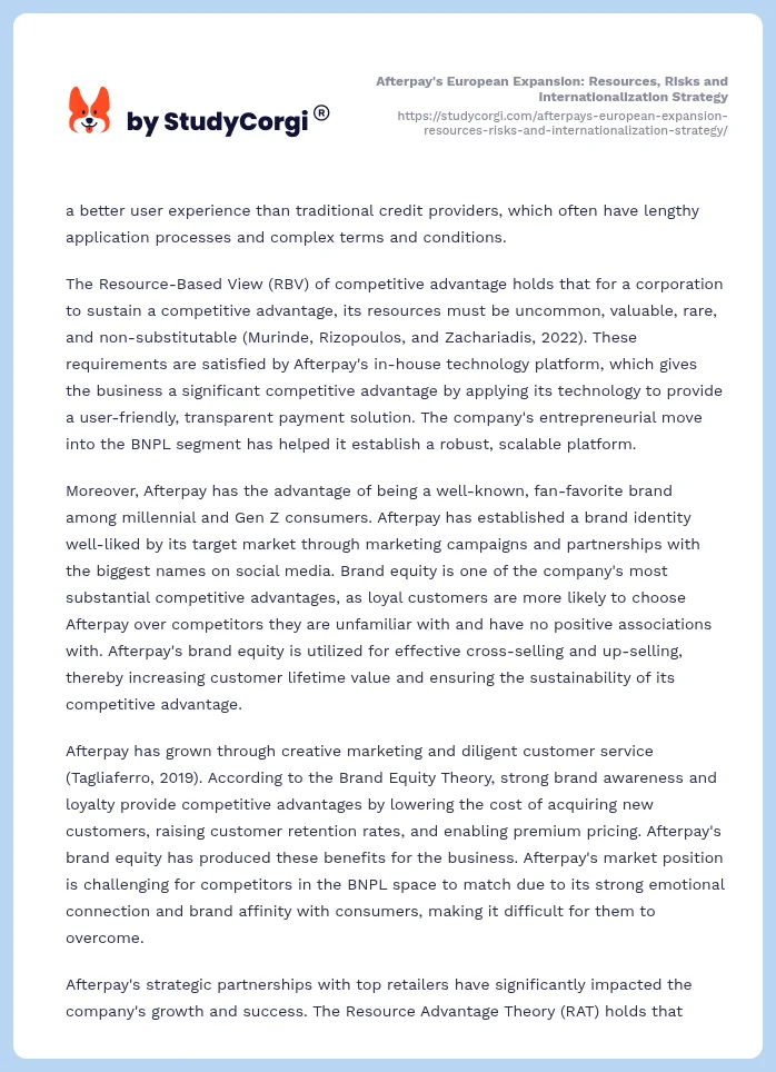 Afterpay's European Expansion: Resources, Risks and Internationalization Strategy. Page 2