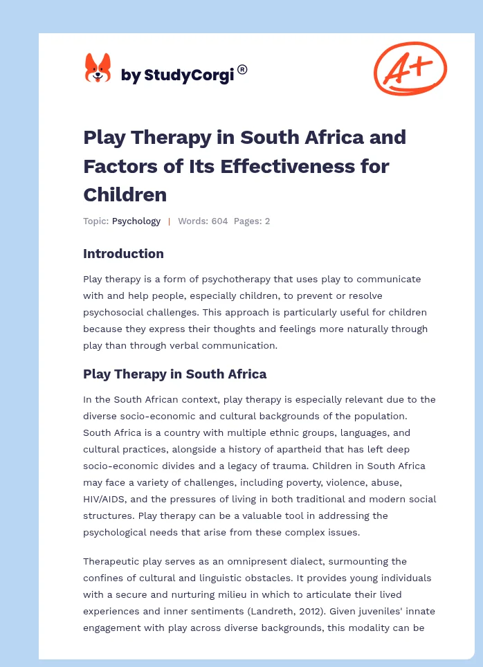 Play Therapy in South Africa and Factors of Its Effectiveness for Children. Page 1