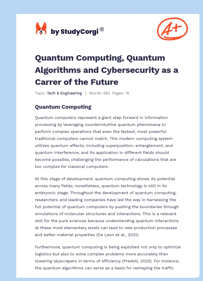 Quantum Computing, Quantum Algorithms and Cybersecurity as a Carrer of the Future. Page 1