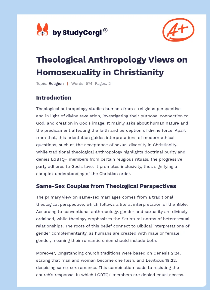 Theological Anthropology Views on Homosexuality in Christianity. Page 1