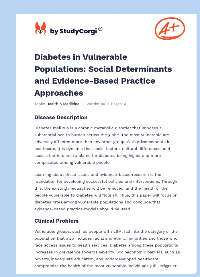 Diabetes in Vulnerable Populations: Social Determinants and Evidence-Based Practice Approaches. Page 1