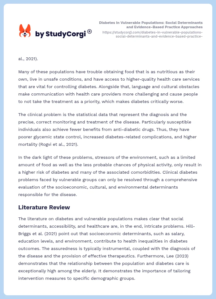 Diabetes in Vulnerable Populations: Social Determinants and Evidence-Based Practice Approaches. Page 2