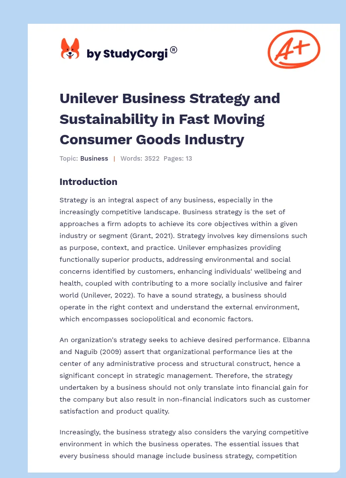 Unilever Business Strategy and Sustainability in Fast Moving Consumer Goods Industry. Page 1
