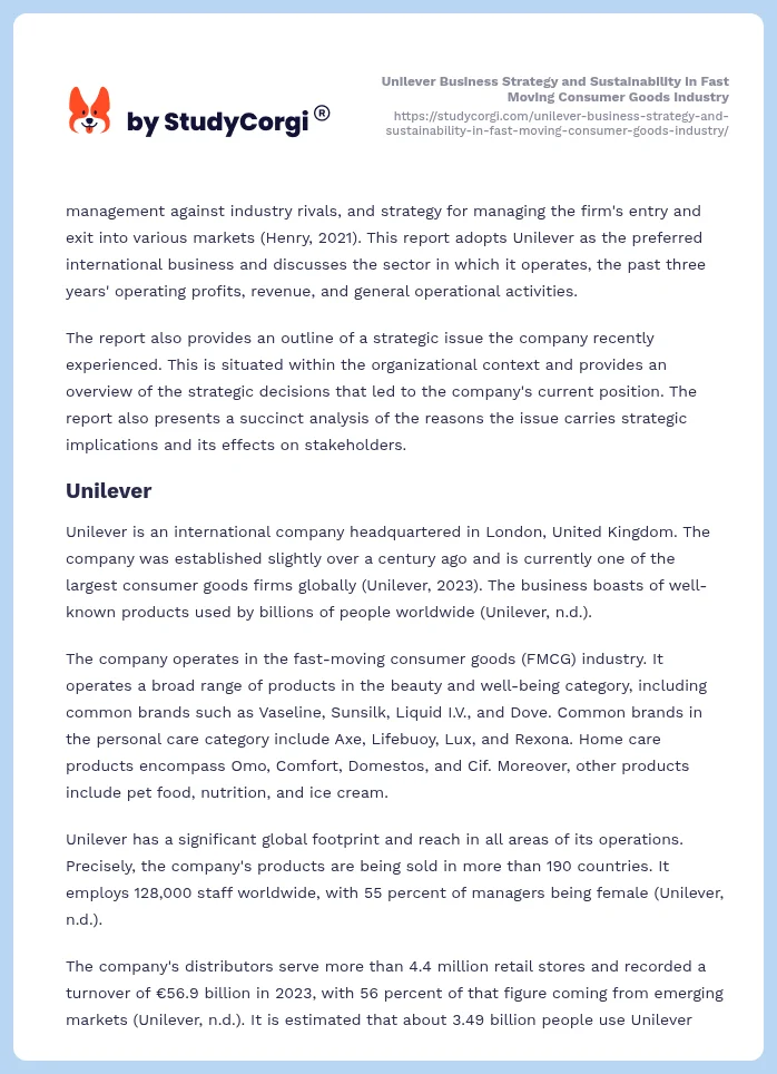 Unilever Business Strategy and Sustainability in Fast Moving Consumer Goods Industry. Page 2