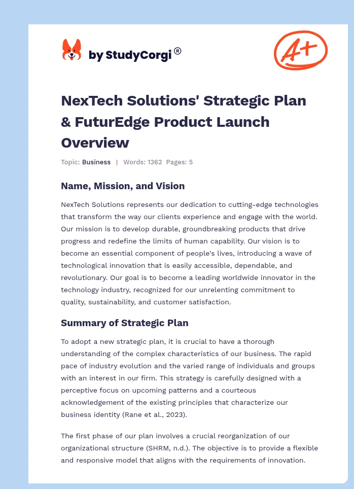 NexTech Solutions' Strategic Plan & FuturEdge Product Launch Overview. Page 1