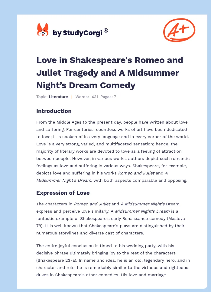Love in Shakespeare's Romeo and Juliet Tragedy and A Midsummer Night’s Dream Comedy. Page 1
