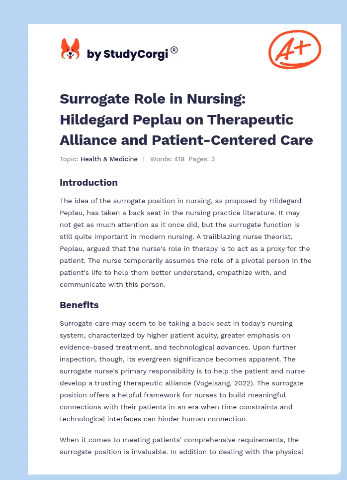 Surrogate Role in Nursing: Hildegard Peplau on Therapeutic Alliance and Patient-Centered Care. Page 1