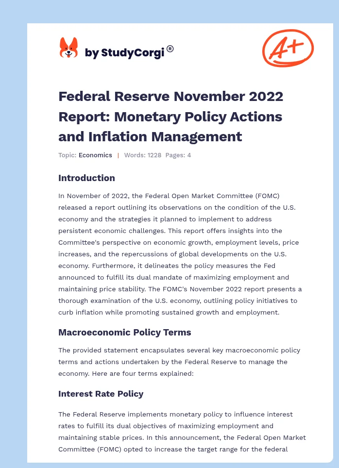 Federal Reserve November 2022 Report: Monetary Policy Actions and Inflation Management. Page 1