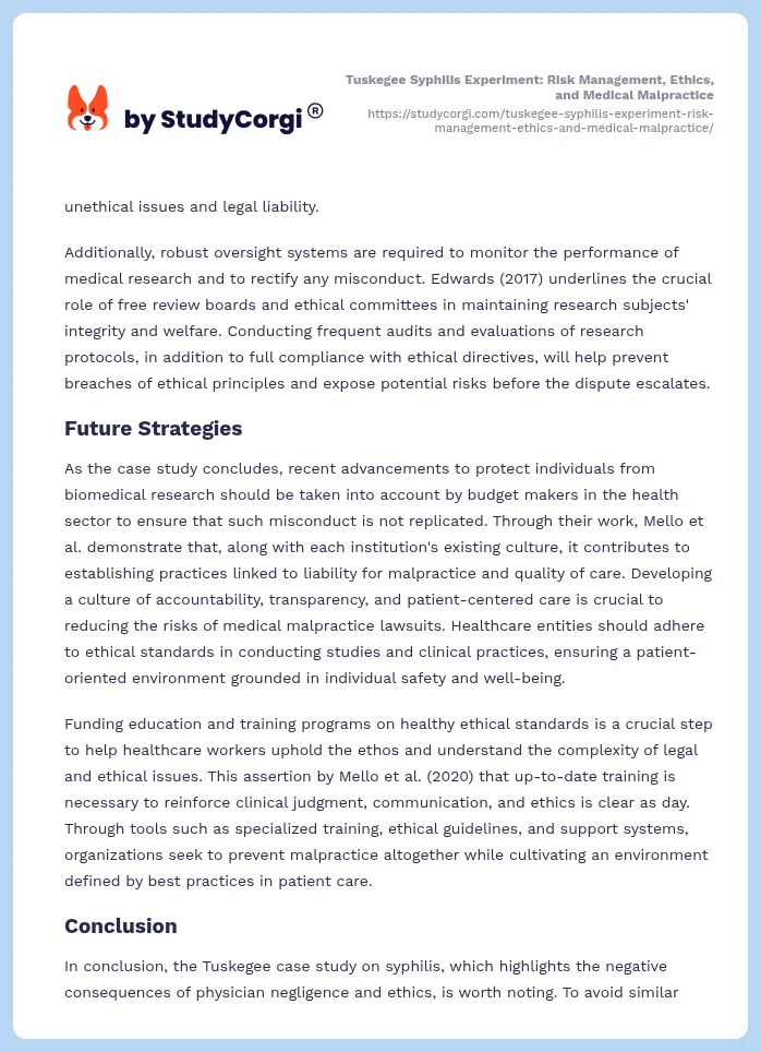 Tuskegee Syphilis Experiment: Risk Management, Ethics, and Medical Malpractice. Page 2