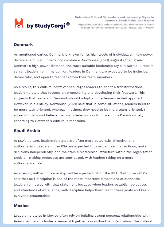 Hofstede's Cultural Dimensions and Leadership Styles in Denmark, Saudi Arabia, and Mexico. Page 2