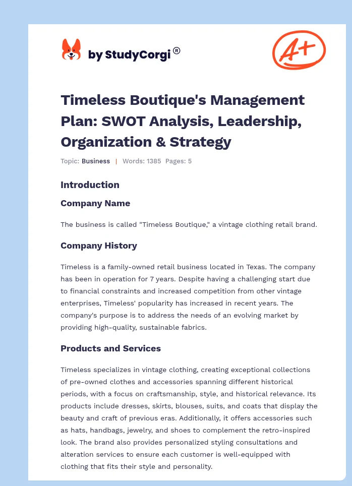 Timeless Boutique's Management Plan: SWOT Analysis, Leadership, Organization & Strategy. Page 1
