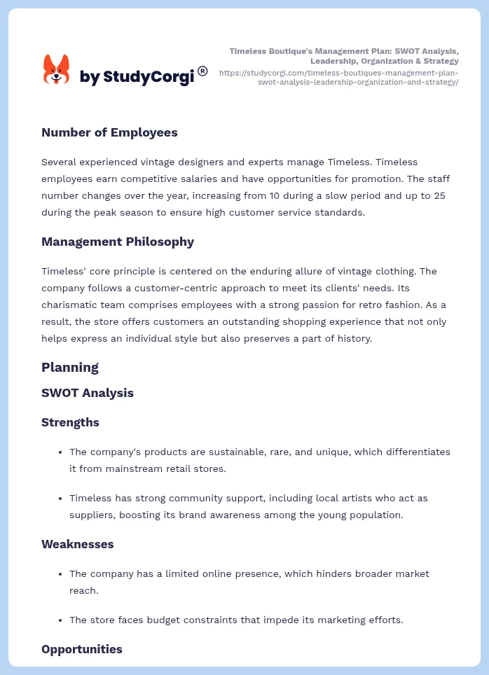 Timeless Boutique's Management Plan: SWOT Analysis, Leadership, Organization & Strategy. Page 2
