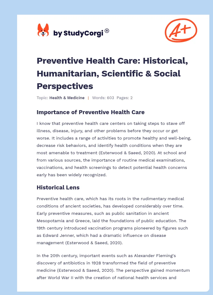 Preventive Health Care: Historical, Humanitarian, Scientific & Social Perspectives. Page 1