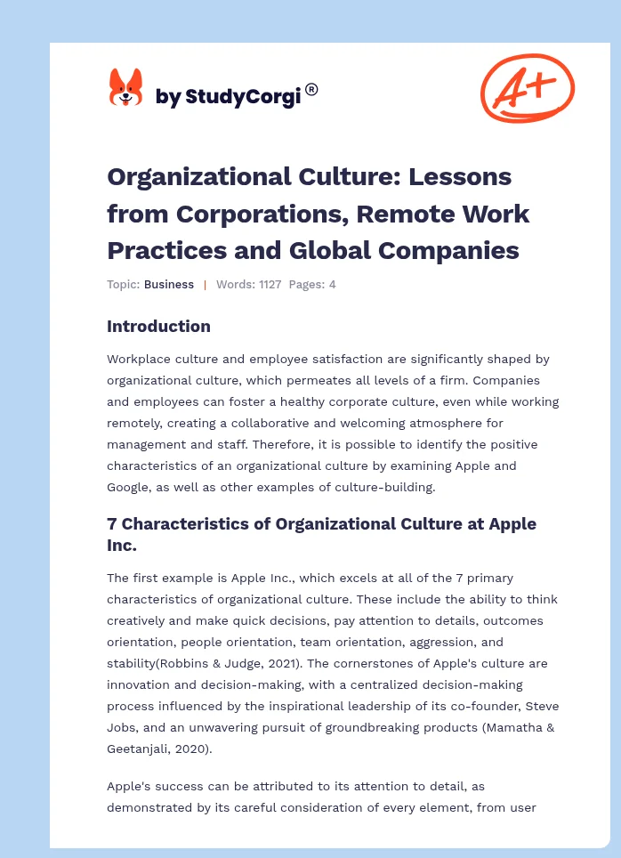 Organizational Culture: Lessons from Corporations, Remote Work Practices and Global Companies. Page 1