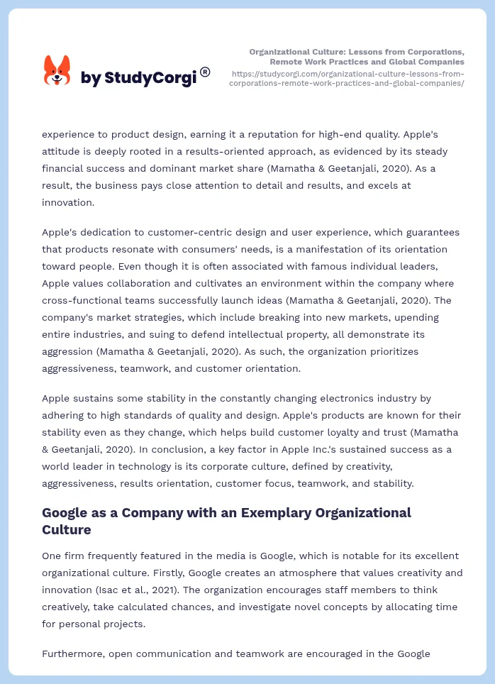 Organizational Culture: Lessons from Corporations, Remote Work Practices and Global Companies. Page 2