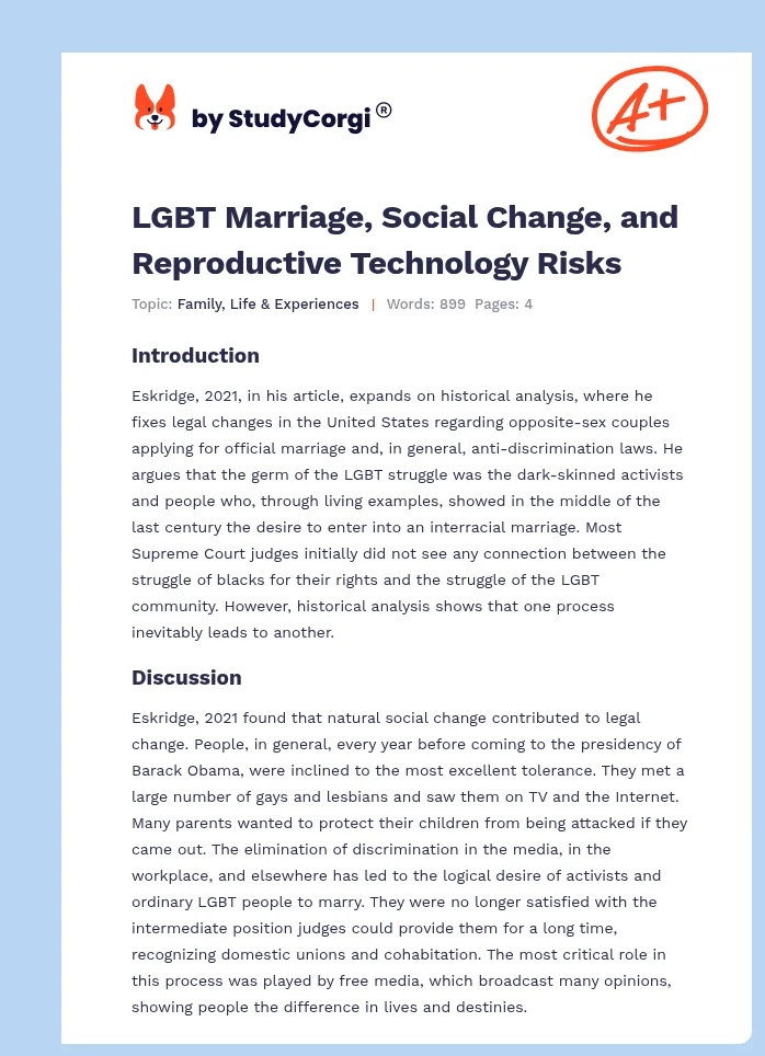 LGBT Marriage, Social Change, and Reproductive Technology Risks. Page 1