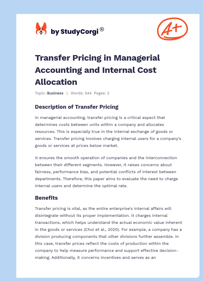 Transfer Pricing in Managerial Accounting and Internal Cost Allocation. Page 1