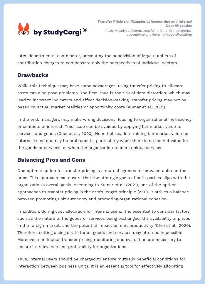 Transfer Pricing in Managerial Accounting and Internal Cost Allocation. Page 2