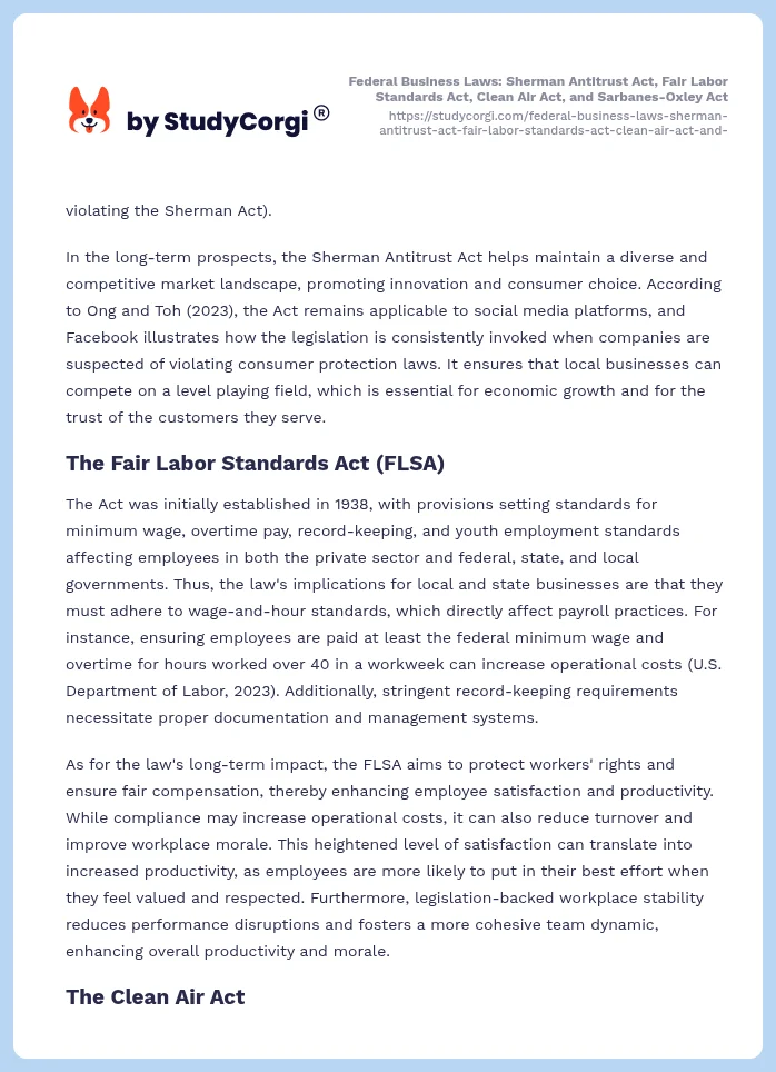 Federal Business Laws: Sherman Antitrust Act, Fair Labor Standards Act, Clean Air Act, and Sarbanes-Oxley Act. Page 2