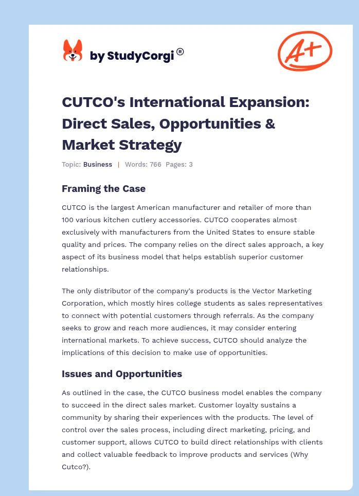 CUTCO's International Expansion: Direct Sales, Opportunities & Market Strategy. Page 1