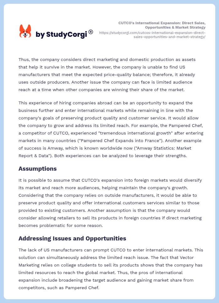 CUTCO's International Expansion: Direct Sales, Opportunities & Market Strategy. Page 2