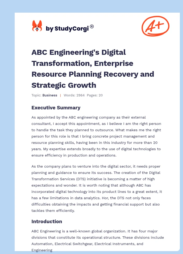 ABC Engineering's Digital Transformation, Enterprise Resource Planning Recovery and Strategic Growth. Page 1