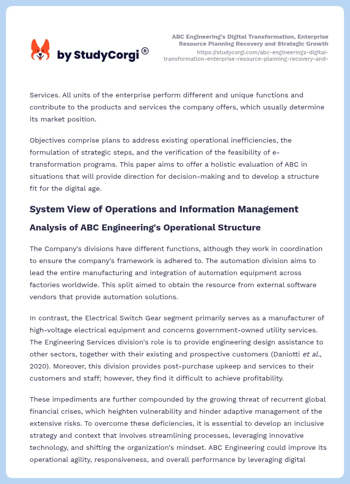 ABC Engineering's Digital Transformation, Enterprise Resource Planning Recovery and Strategic Growth. Page 2