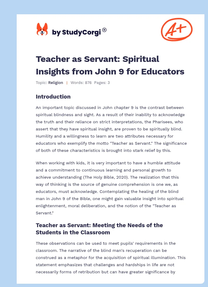 Teacher as Servant: Spiritual Insights from John 9 for Educators. Page 1