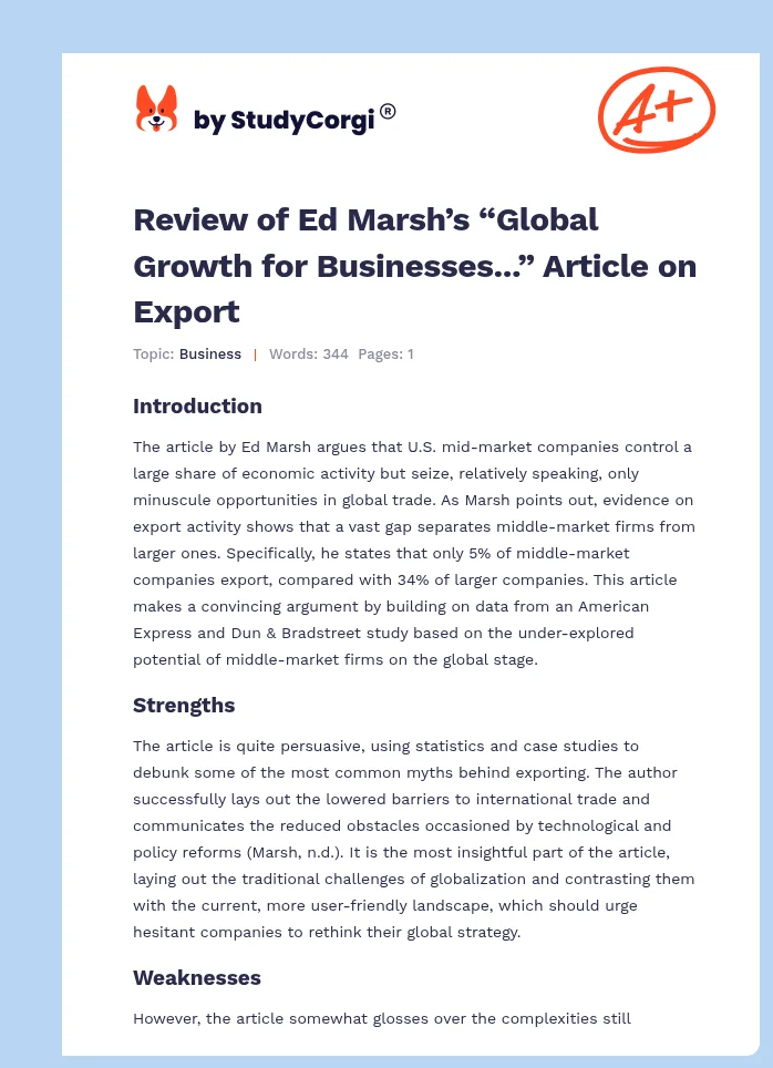 Review of Ed Marsh’s “Global Growth for Businesses...” Article on Export. Page 1