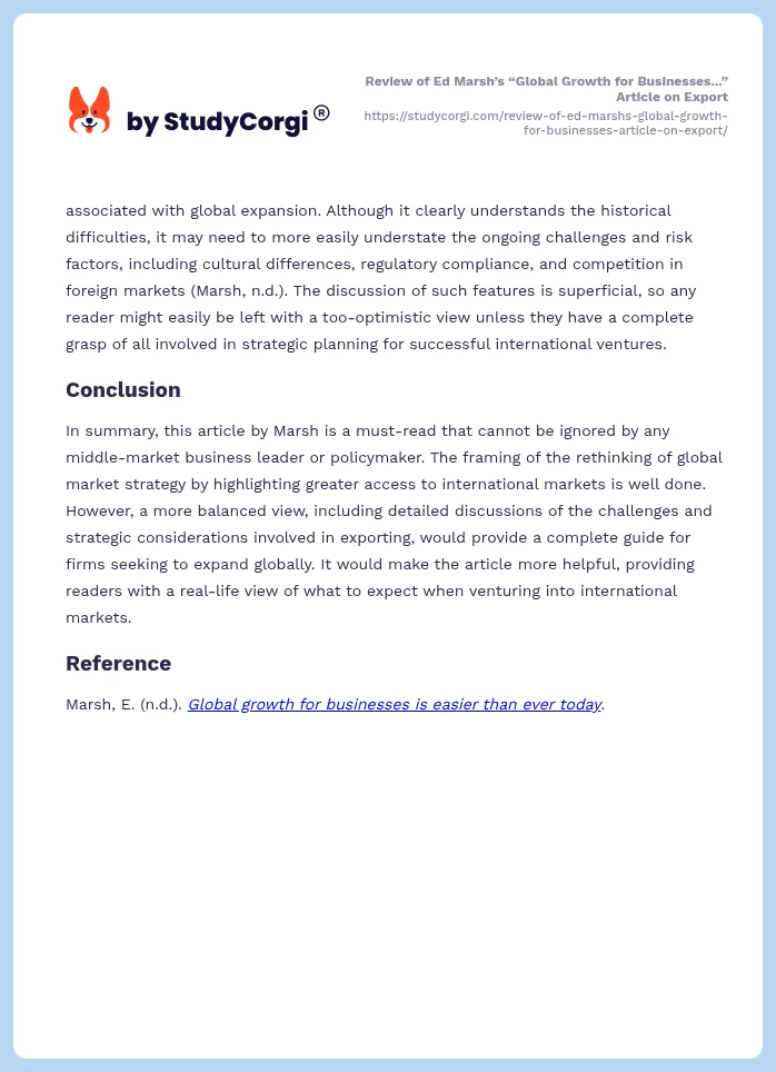 Review of Ed Marsh’s “Global Growth for Businesses...” Article on Export. Page 2
