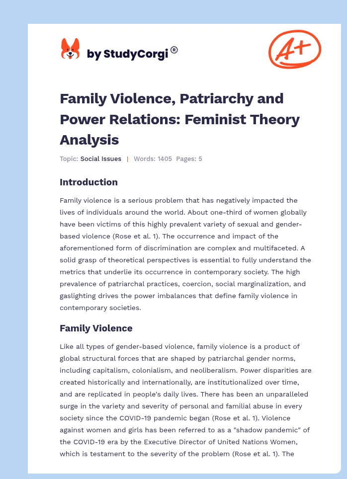 Family Violence, Patriarchy and Power Relations: Feminist Theory Analysis. Page 1