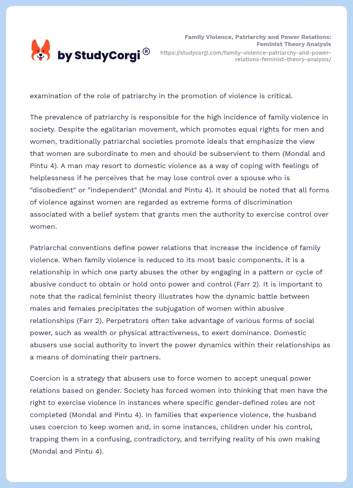 Family Violence, Patriarchy and Power Relations: Feminist Theory Analysis. Page 2