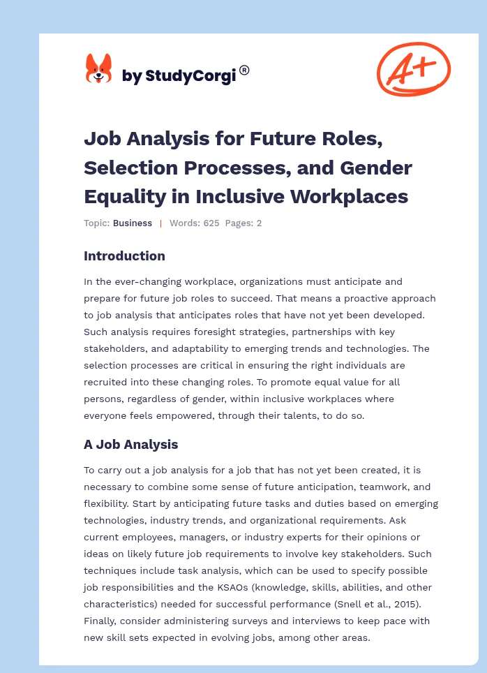 Job Analysis for Future Roles, Selection Processes, and Gender Equality in Inclusive Workplaces. Page 1