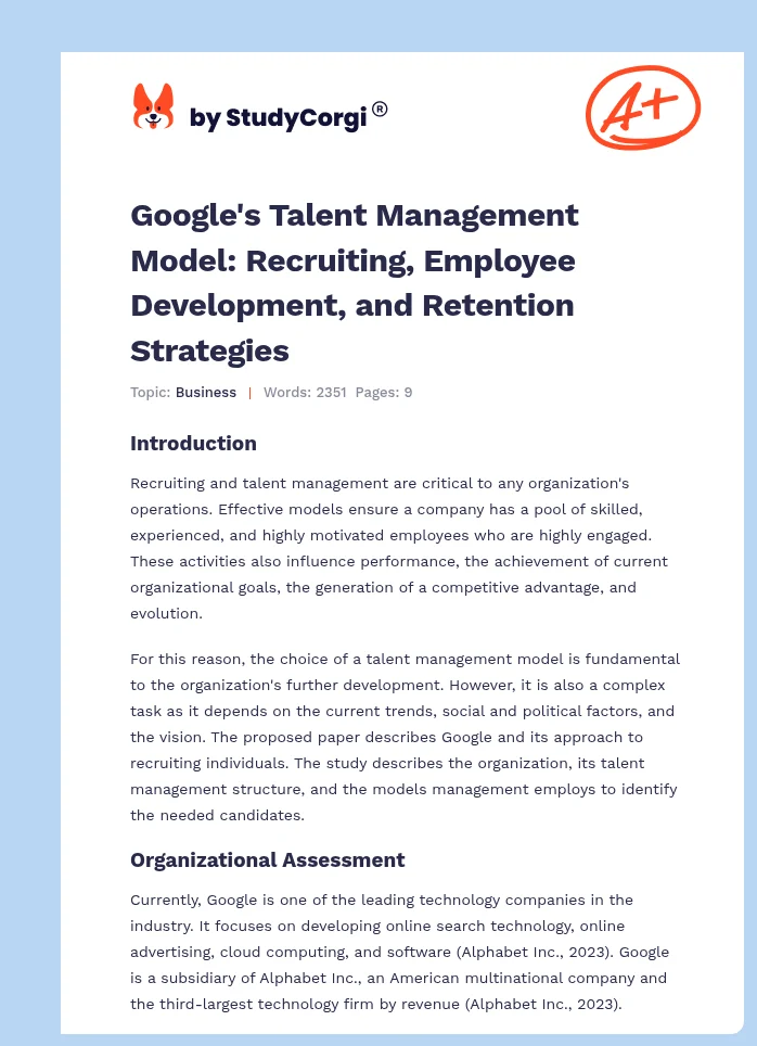 Google's Talent Management Model: Recruiting, Employee Development, and Retention Strategies. Page 1
