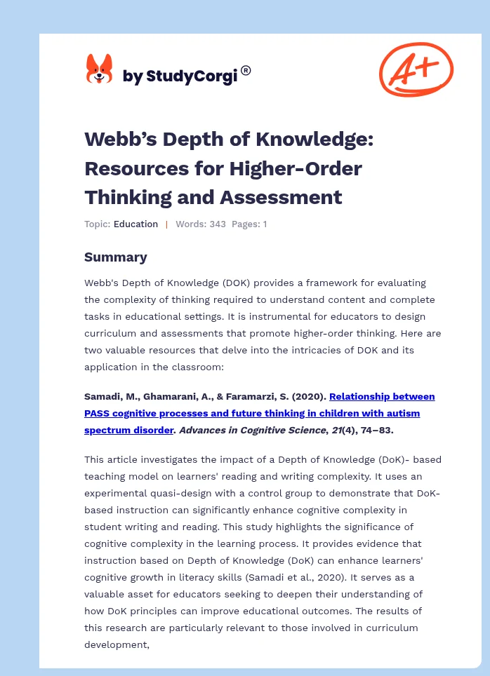 Webb’s Depth of Knowledge: Resources for Higher-Order Thinking and Assessment. Page 1