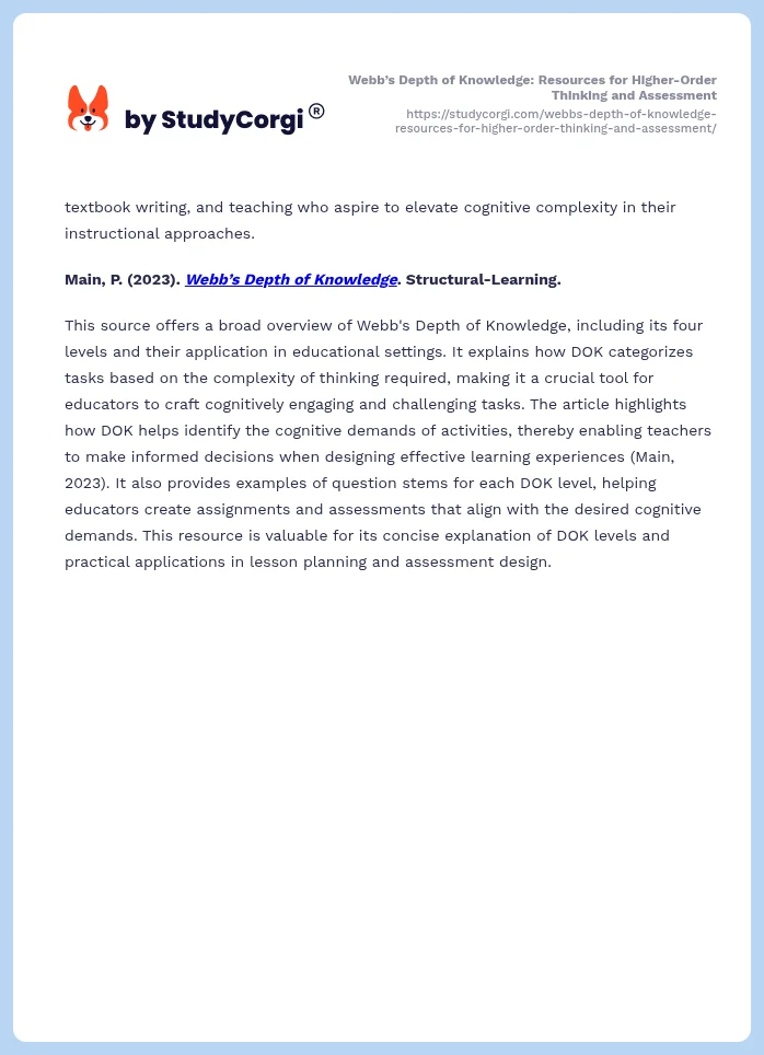 Webb’s Depth of Knowledge: Resources for Higher-Order Thinking and Assessment. Page 2