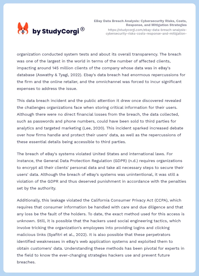 EBay Data Breach Analysis: Cybersecurity Risks, Costs, Response, and Mitigation Strategies. Page 2