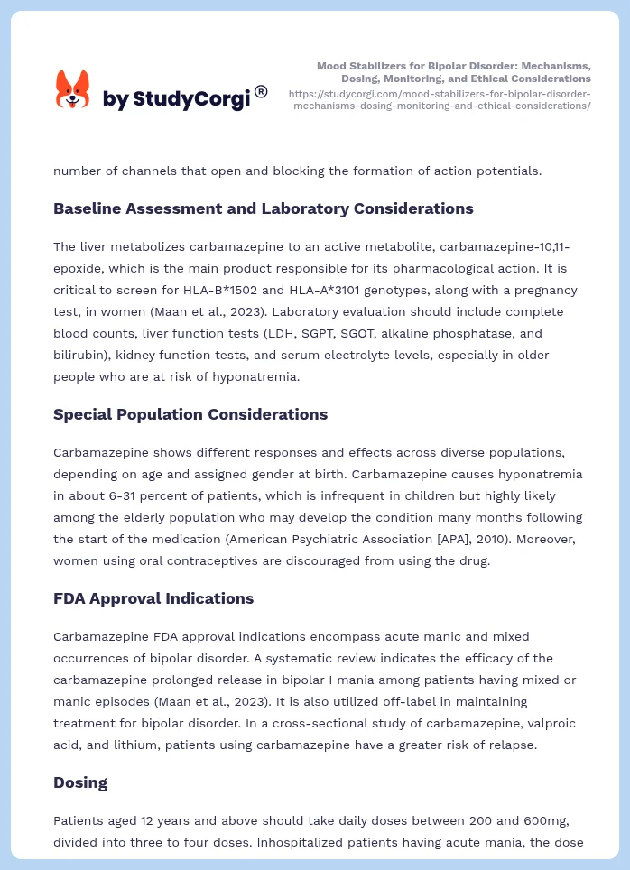 Mood Stabilizers for Bipolar Disorder: Mechanisms, Dosing, Monitoring, and Ethical Considerations. Page 2