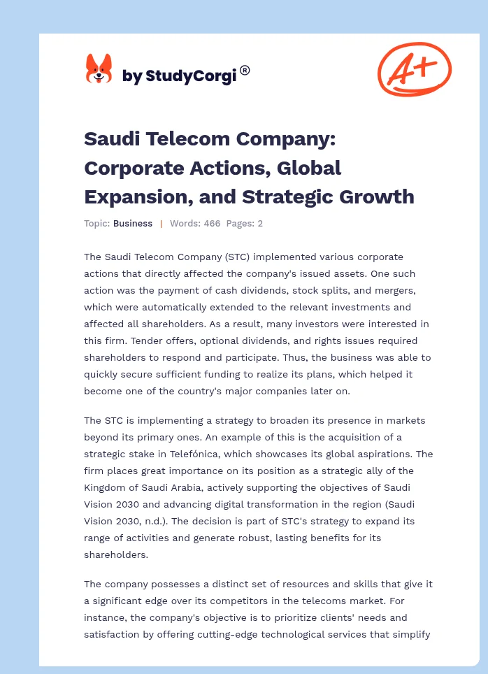 Saudi Telecom Company: Corporate Actions, Global Expansion, and Strategic Growth. Page 1