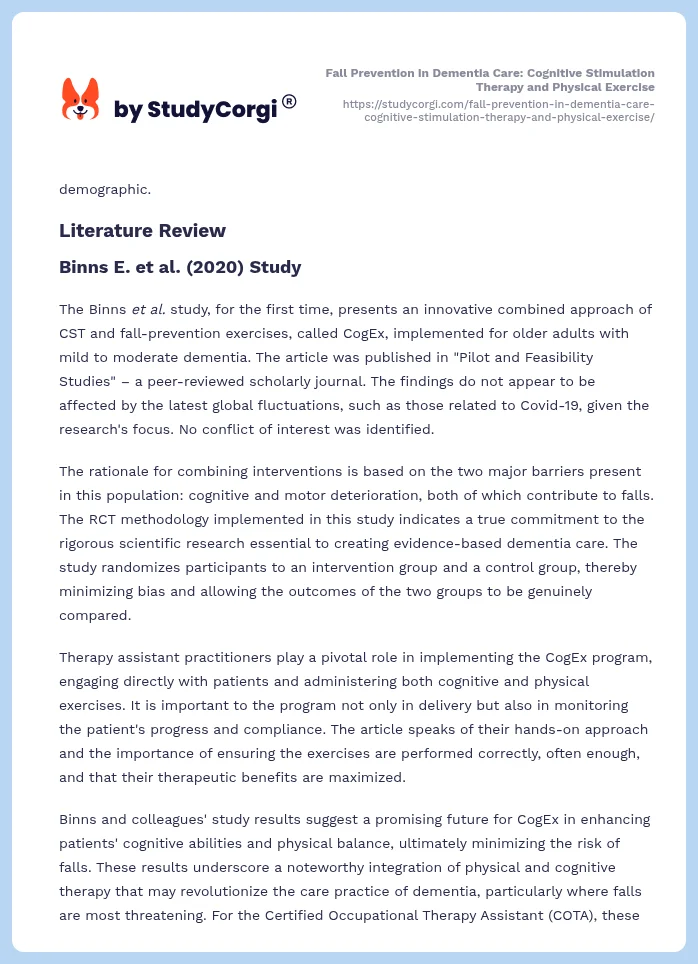 Fall Prevention in Dementia Care: Cognitive Stimulation Therapy and Physical Exercise. Page 2