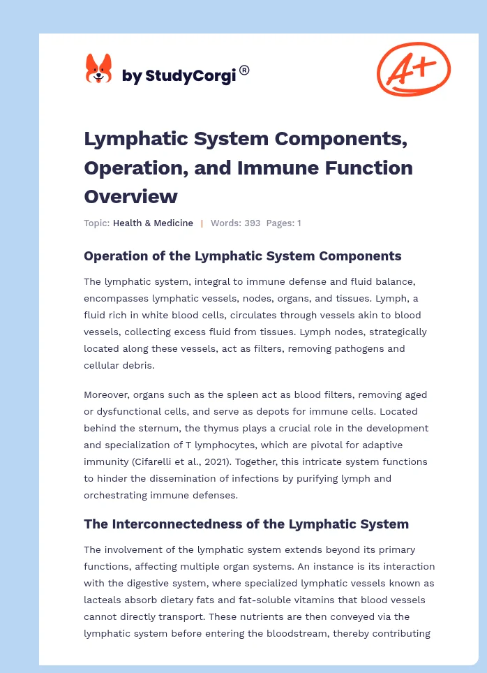 Lymphatic System Components, Operation, and Immune Function Overview. Page 1