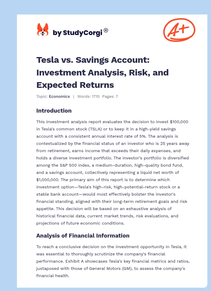 Tesla vs. Savings Account: Investment Analysis, Risk, and Expected Returns. Page 1