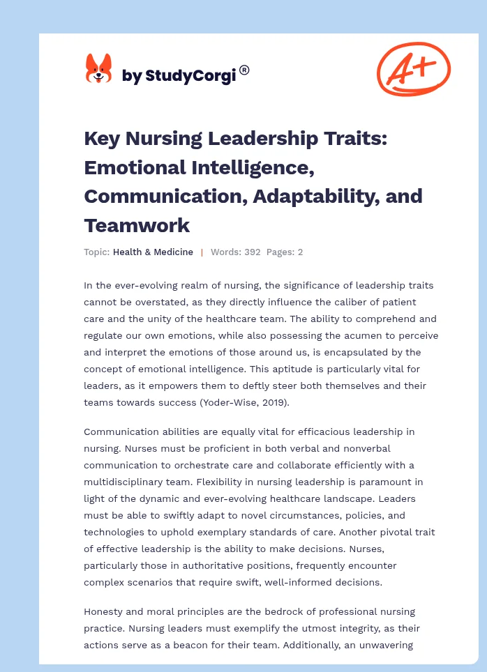 Key Nursing Leadership Traits: Emotional Intelligence, Communication, Adaptability, and Teamwork. Page 1